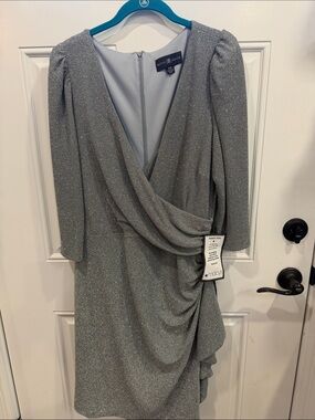 Betsy & Adam Silver Glitter Midi Wrap Dress